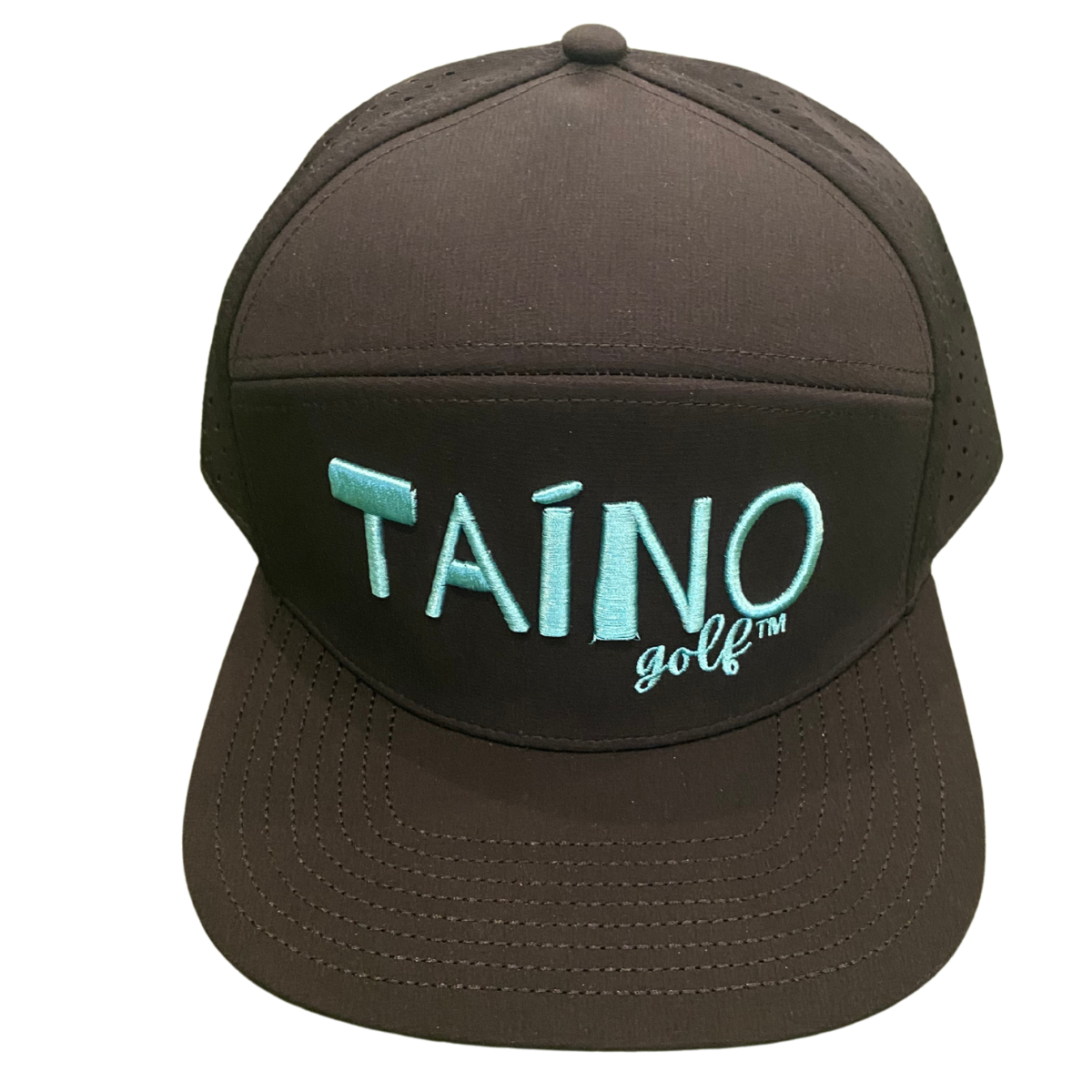 Waterproof Taino Golf hat in black, designed to protect golfers from sun and rain while maintaining breathability and comfort, featuring the Taino Golf logo in teal on the front.