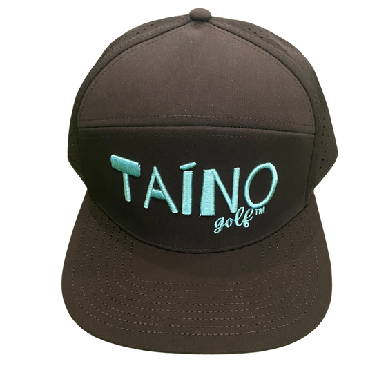 Waterproof Taino Golf hat in black, designed to protect golfers from sun and rain while maintaining breathability and comfort, featuring the Taino Golf logo in teal on the front.