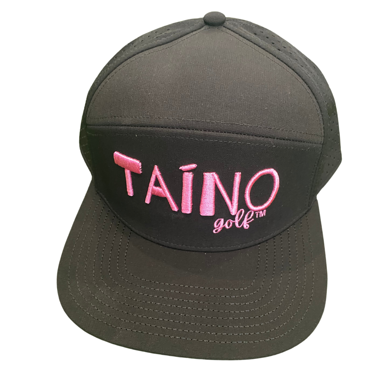 Waterproof Taino Golf hat in black, designed to protect golfers from sun and rain while maintaining breathability and comfort, featuring the Taino Golf logo in pink on the front.