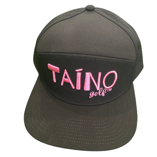 Waterproof Taino Golf hat in black, designed to protect golfers from sun and rain while maintaining breathability and comfort, featuring the Taino Golf logo in pink on the front.