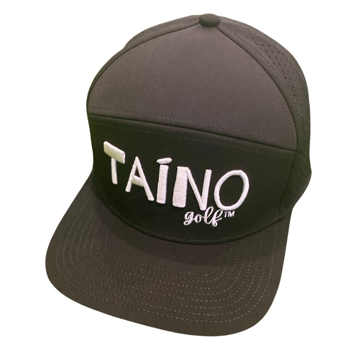 Waterproof Taino Golf hat in black, designed to protect golfers from sun and rain while maintaining breathability and comfort, featuring the Taino Golf logo in white on the front.