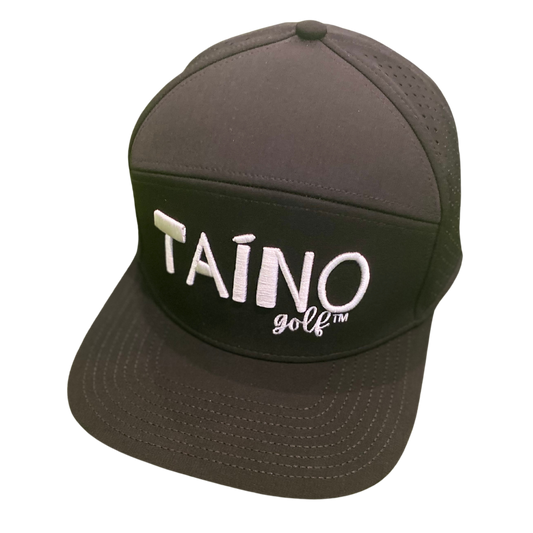 Waterproof Taino Golf hat in black, designed to protect golfers from sun and rain while maintaining breathability and comfort, featuring the Taino Golf logo in white on the front.