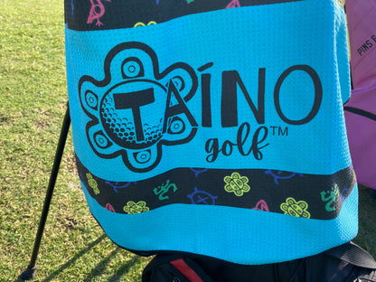 Taino Golf teal, microfibre waffle towel, featuring a durable, absorbent fabric for cleaning golf clubs and hands, with native inspired design and Taino Golf branding.