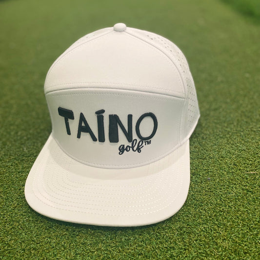 Waterproof Taino Golf hat in white, designed to protect golfers from sun and rain while maintaining breathability and comfort, featuring the Taino Golf logo in black on the front.