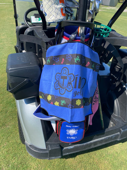 Taino Golf navy blue, microfibre waffle towel, featuring a durable, absorbent fabric for cleaning golf clubs and hands, with native inspired design and Taino Golf branding.