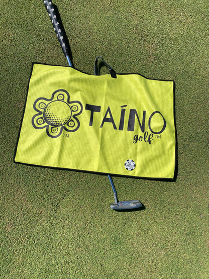 Taino Golf yellow, double-sided microfibre waffle towel, featuring a durable, absorbent fabric for cleaning golf clubs and hands, with a native inspired design and Taino Golf branding.