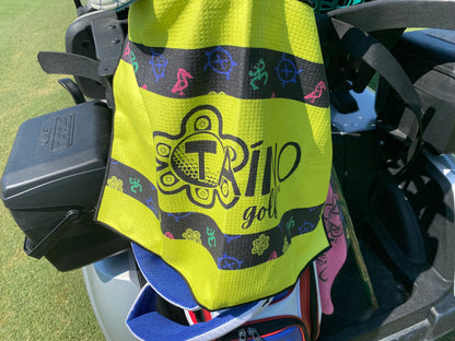 Taino Golf yellow, microfibre waffle towel, featuring a durable, absorbent fabric for cleaning golf clubs and hands, with native inspired design and Taino Golf branding.