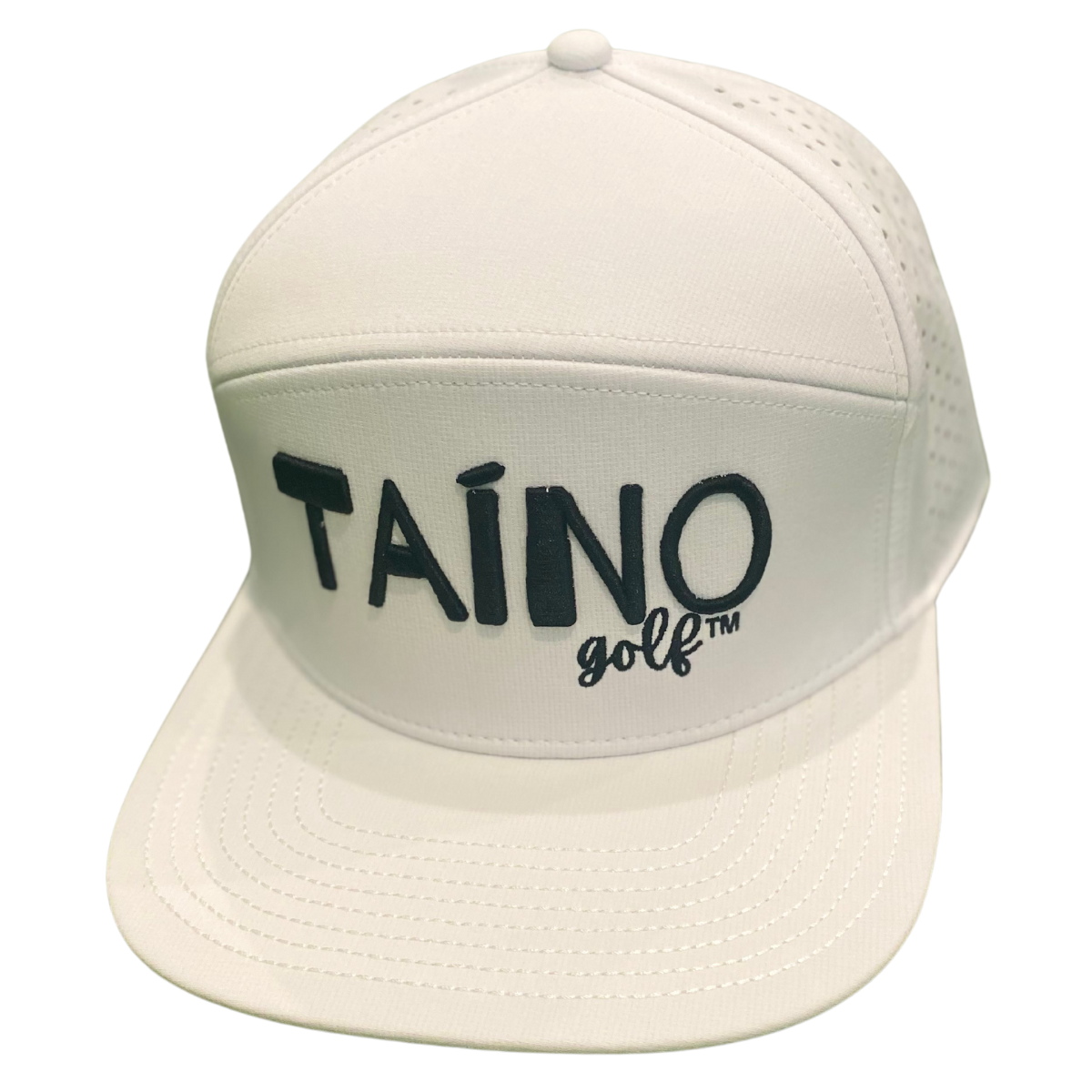 Waterproof Taino Golf hat in white, designed to protect golfers from sun and rain while maintaining breathability and comfort, featuring the Taino Golf logo in black on the front.