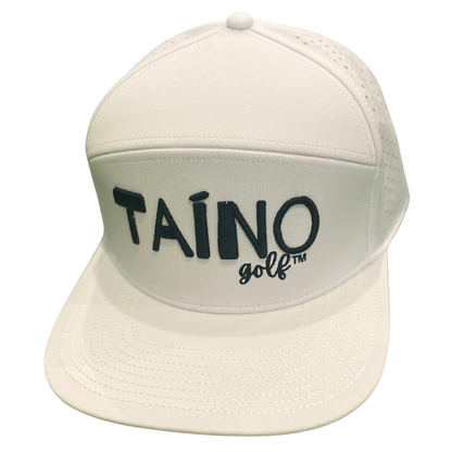 Waterproof Taino Golf hat in white, designed to protect golfers from sun and rain while maintaining breathability and comfort, featuring the Taino Golf logo in black on the front.