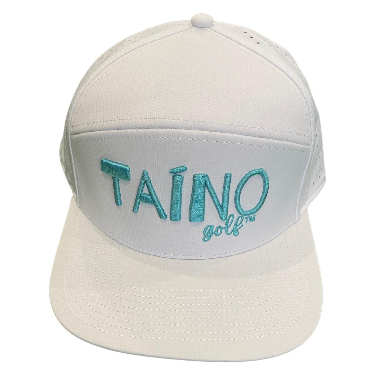 Waterproof Taino Golf hat in white, designed to protect golfers from sun and rain while maintaining breathability and comfort, featuring the Taino Golf logo in teal on the front.