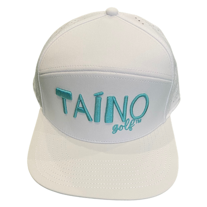 Waterproof Taino Golf hat in white, designed to protect golfers from sun and rain while maintaining breathability and comfort, featuring the Taino Golf logo in teal on the front.