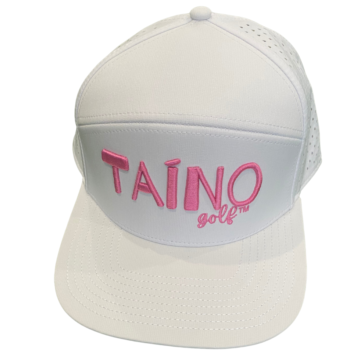 Waterproof Taino Golf hat in white, designed to protect golfers from sun and rain while maintaining breathability and comfort, featuring the Taino Golf logo in pink on the front.