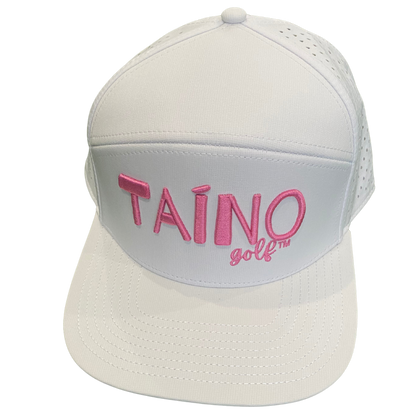 Waterproof Taino Golf hat in white, designed to protect golfers from sun and rain while maintaining breathability and comfort, featuring the Taino Golf logo in pink on the front.